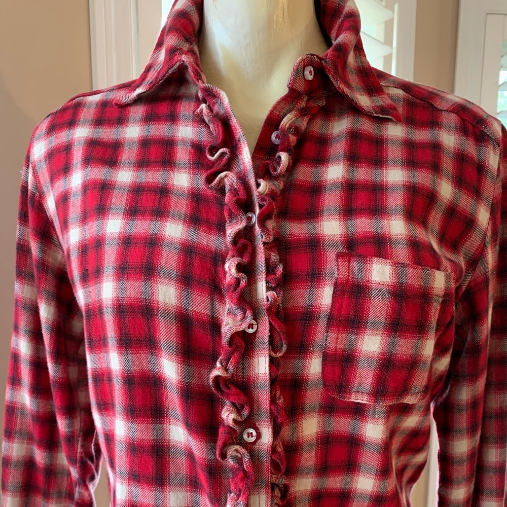 Flannel red, beige, black check shirt with ruffle detail down the front